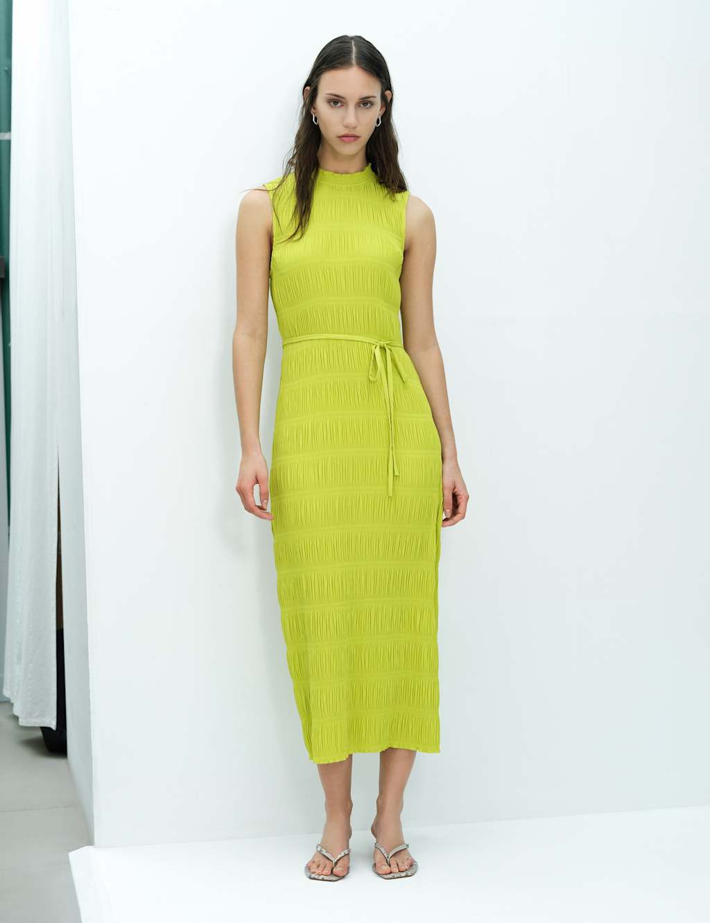 French Connection Women's Plisse High Neck Tie Waist Midi Bodycon Dress - Large - Lime Green - Available at M&S