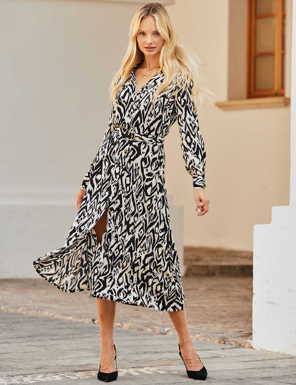 SOSANDAR Printed Belted Midi Shirt Dress Black Mix