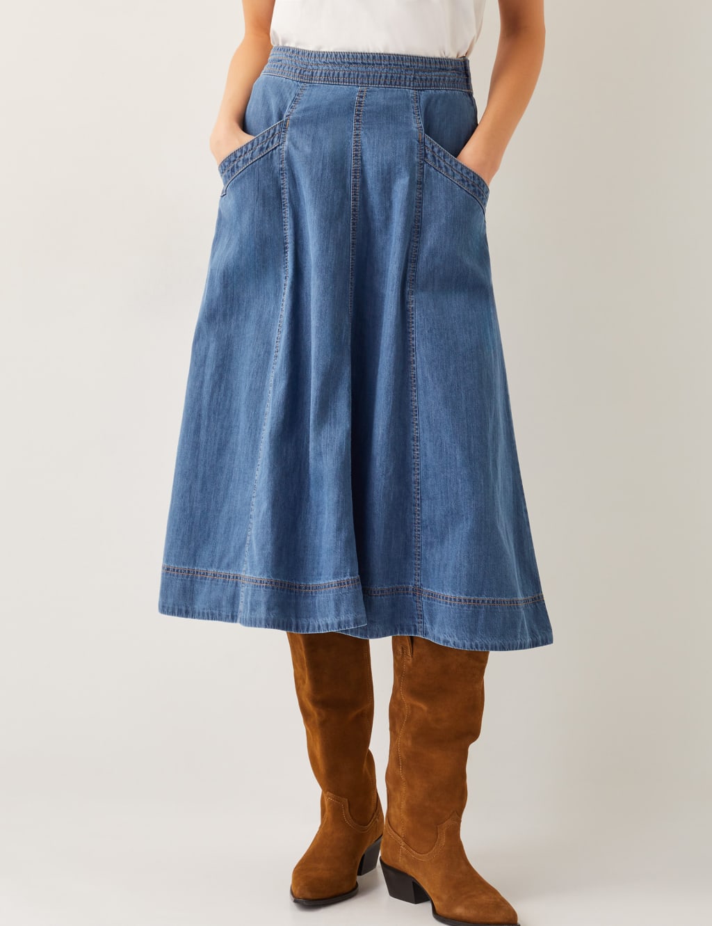 Monsoon Women's Denim Seam Detail Midi Skirt - Blue Denim, Blue Denim