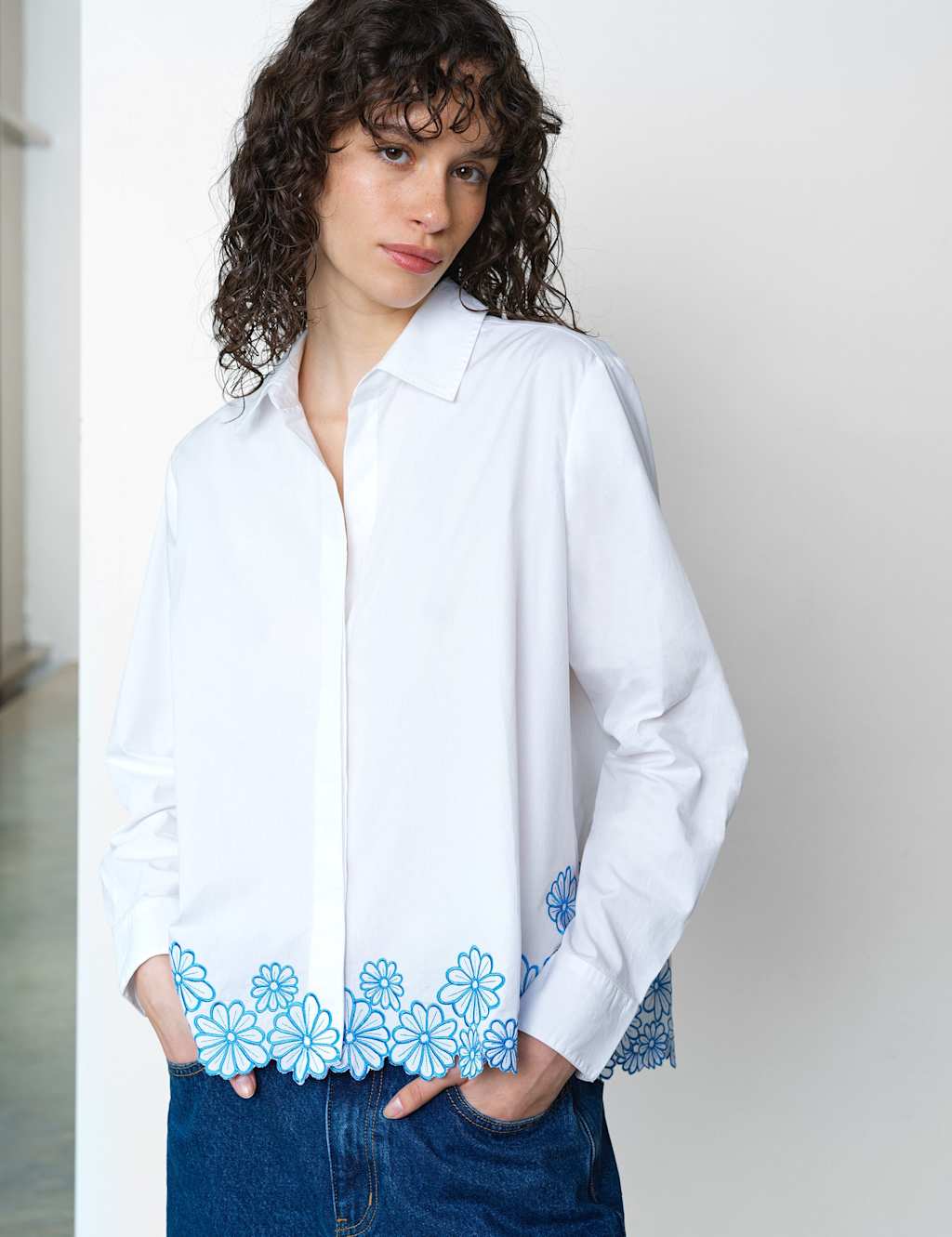 French Connection Women's Pure Cotton Embroidered Floral Shirt - Small - White Mix - Available at M&S