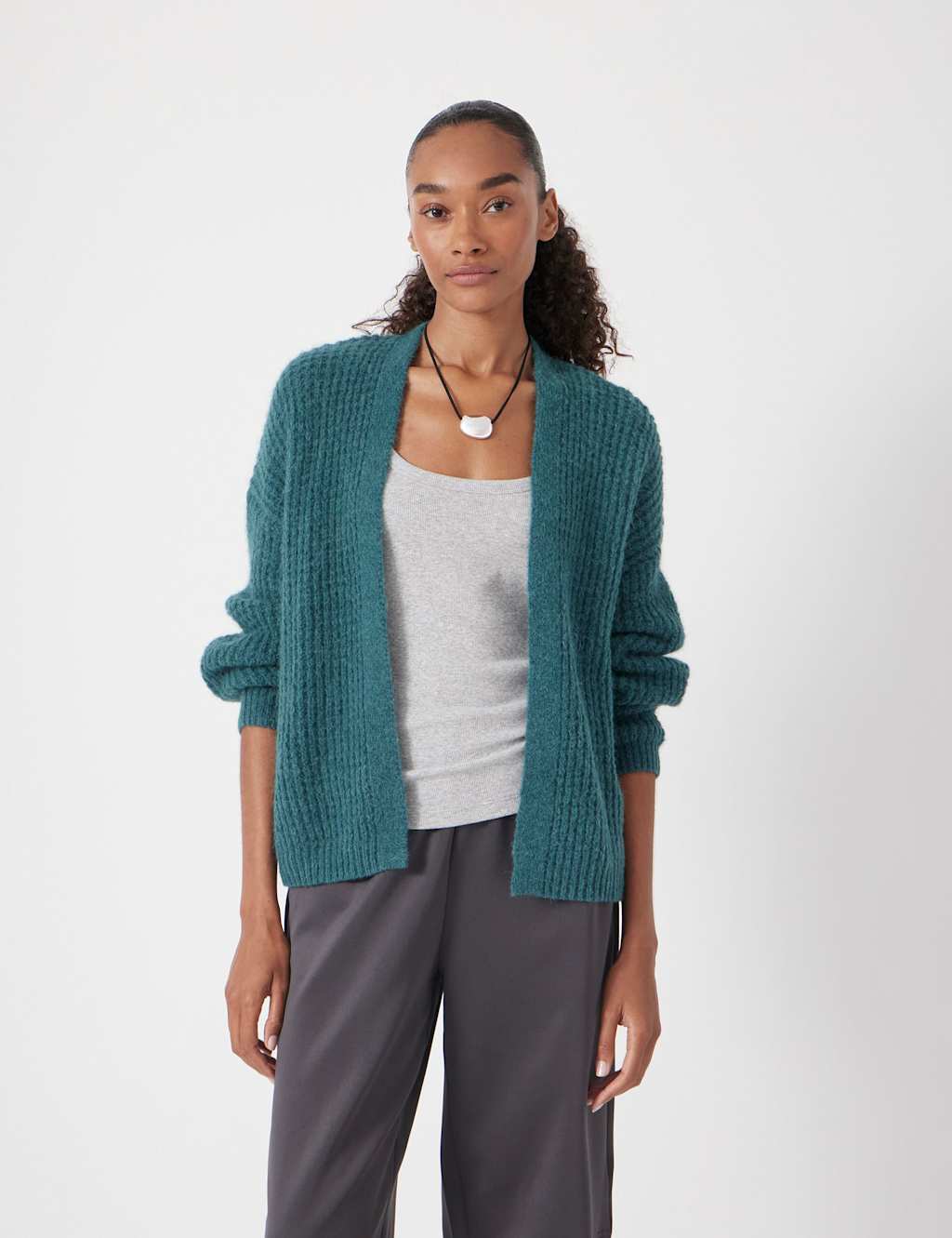 HUSH Wool Blend Textured Relaxed Cardigan Teal Green