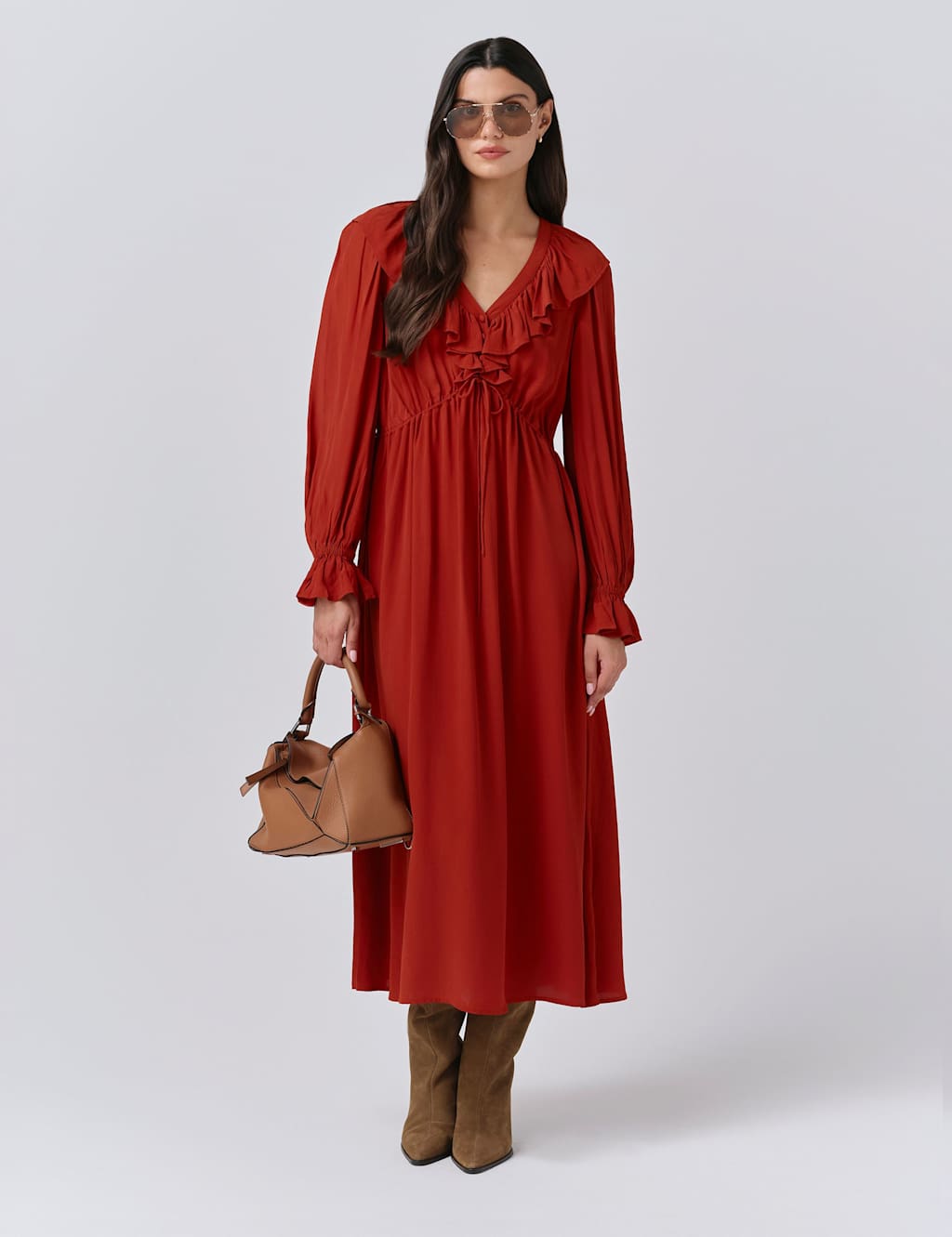 Ghost Crepe V-Neck Tie Waist Midi Dress Orange