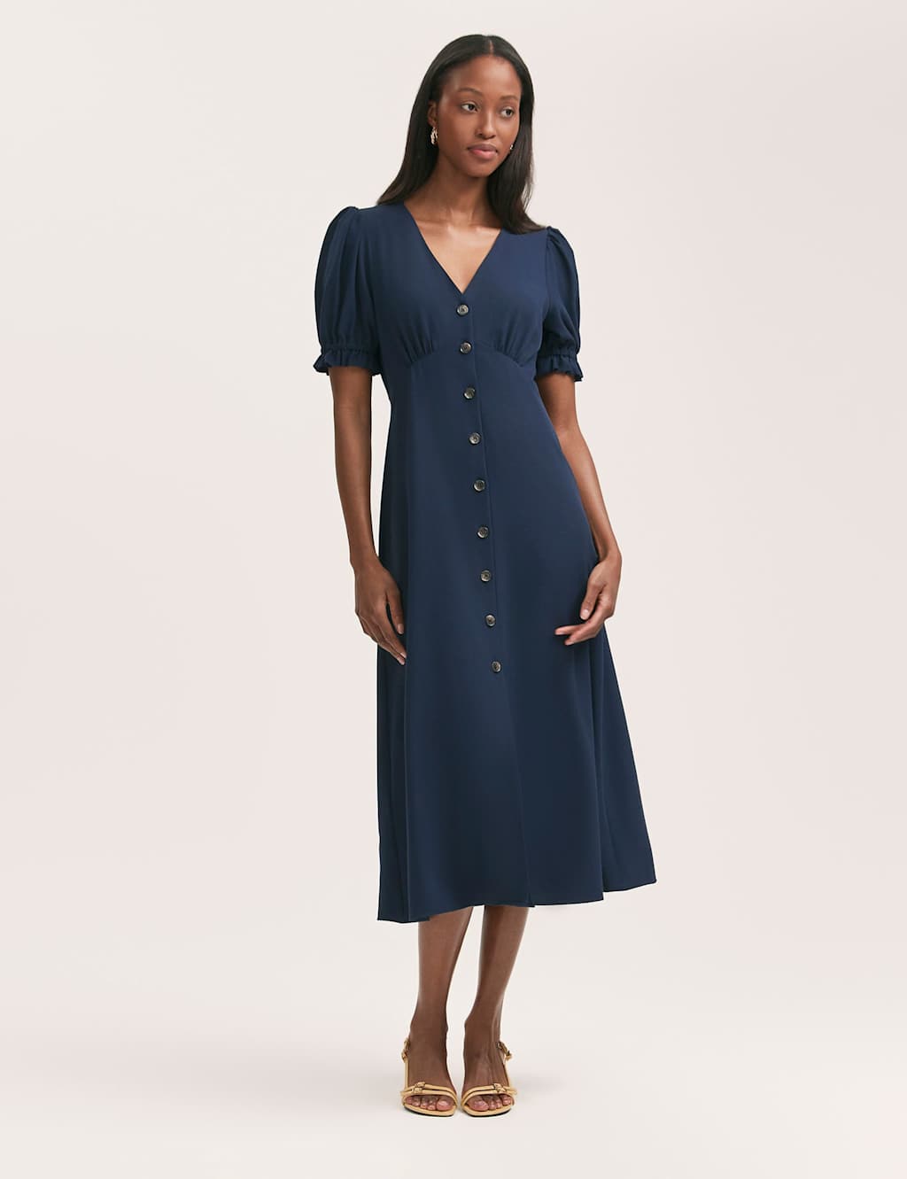 Crepe V-Neck Button Through Midi Tea Dress