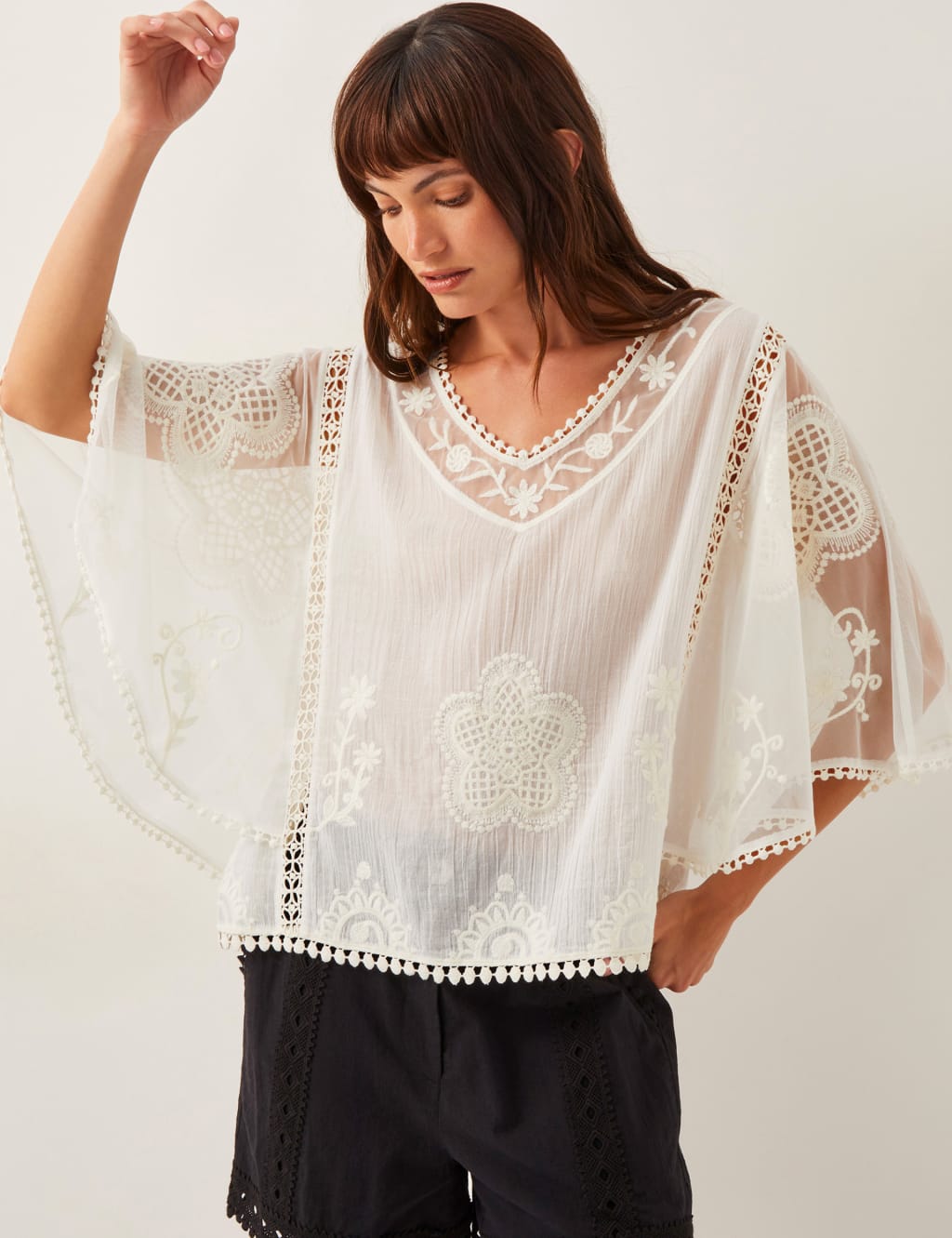 Pure Cotton Embellished Angel Sleeve Top