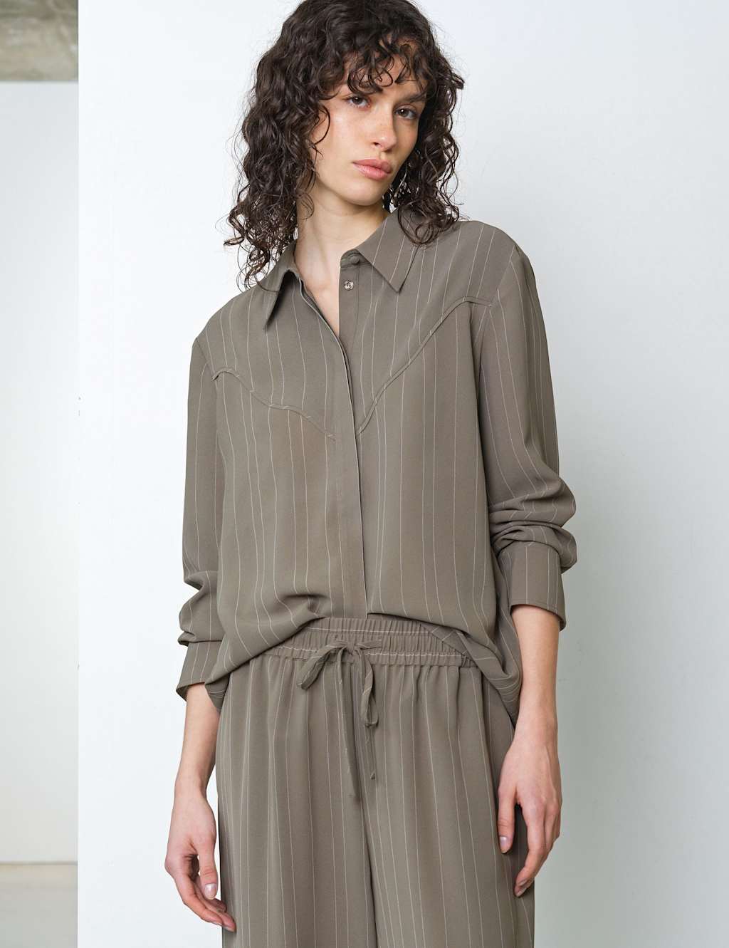 French Connection Women's Pinstripe Collared Yoke Detail Shirt - Extra Small - Khaki Mix - Available at M&S