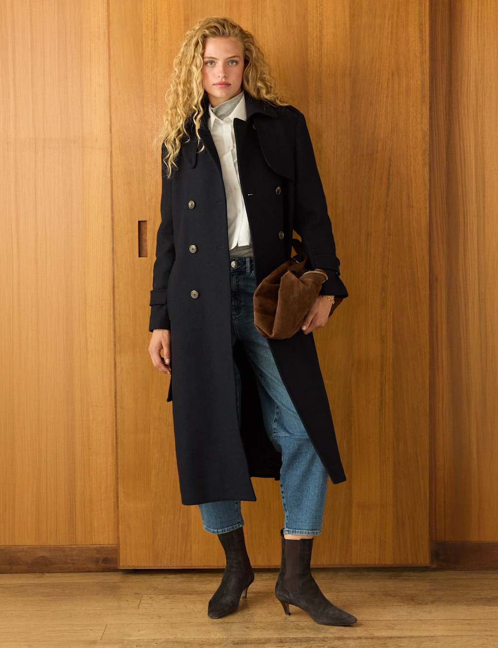 BAUKJEN Wool Rich Longline Trench Coat Navy