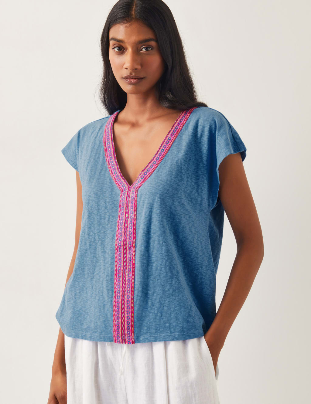 Jersey Embroidered V-Neck Cap Sleeve Top