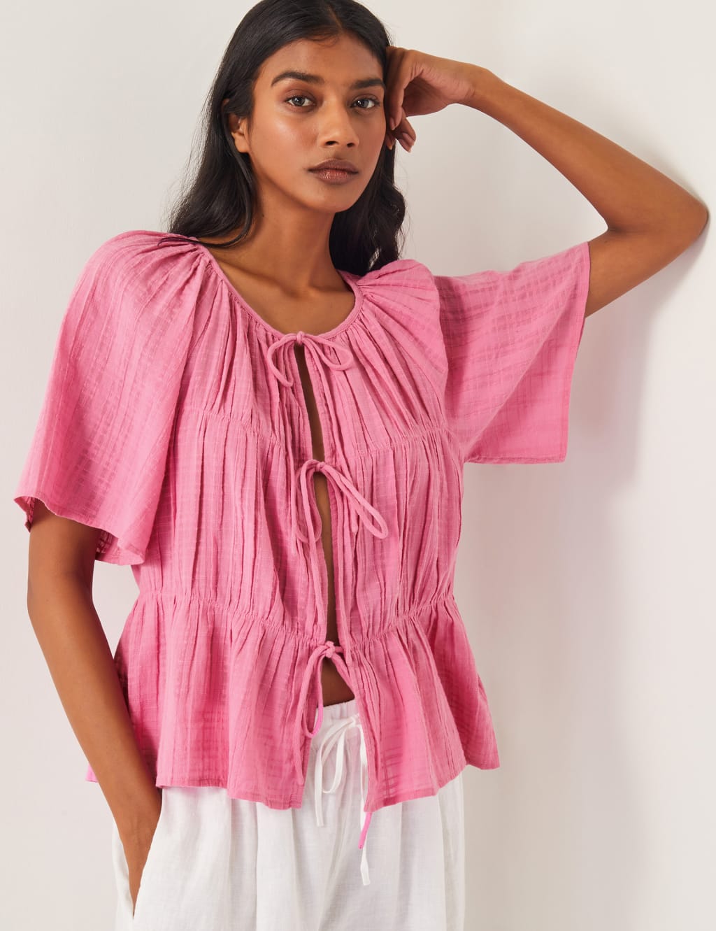 Pure Cotton Textured Tie Front Top