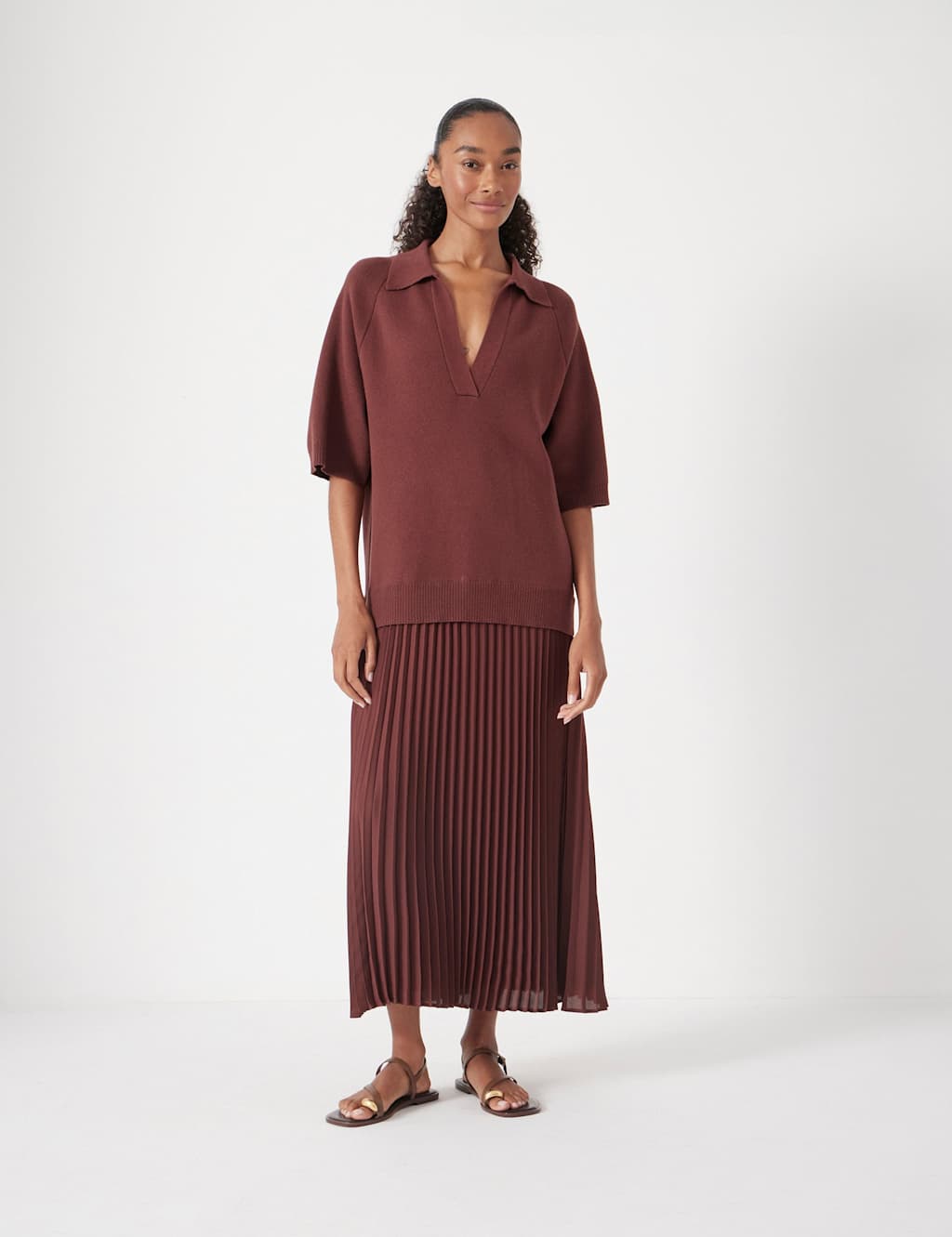 HUSH V-Neck Knit Top Pleated Midi T-Shirt Dress Medium Brown