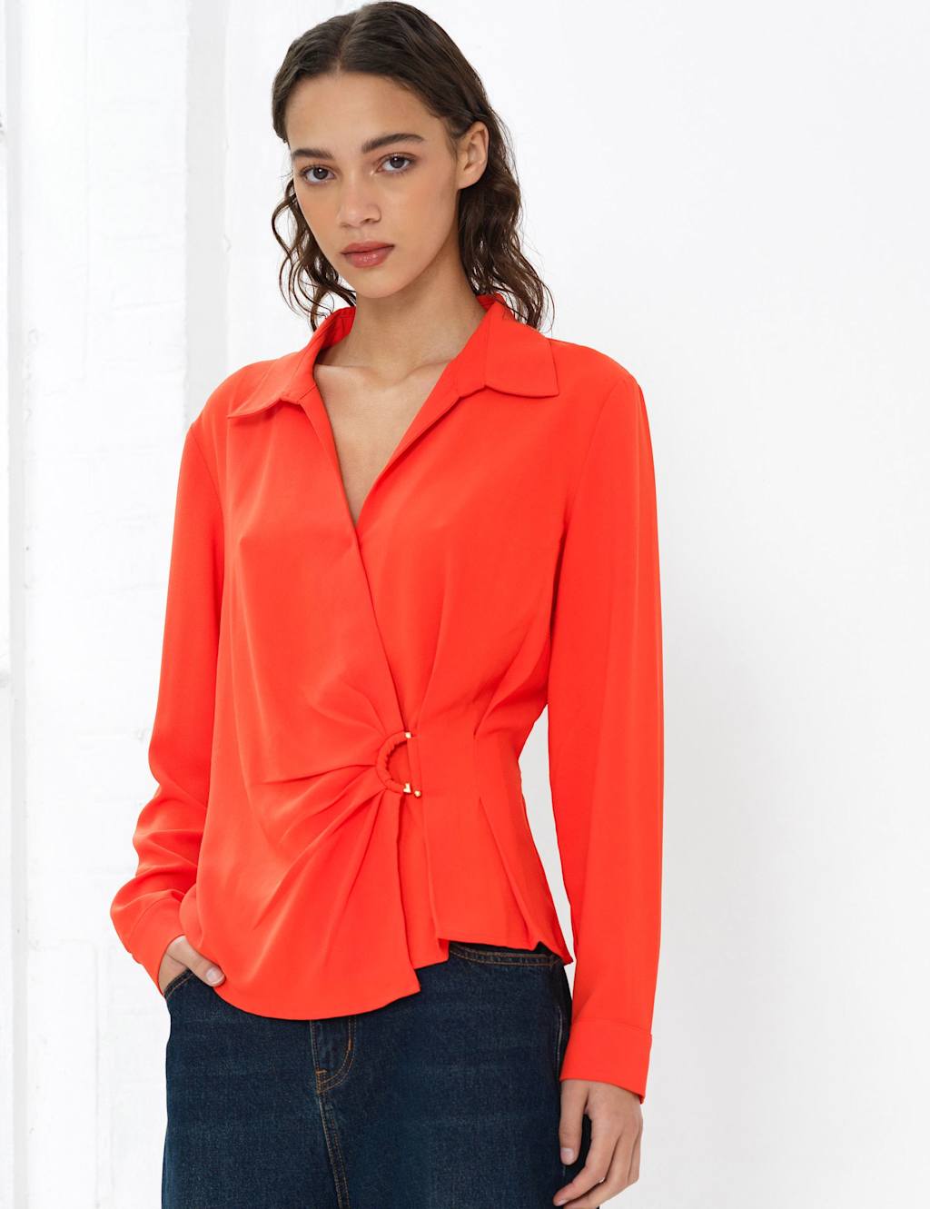 French Connection Women's Collared Waisted Wrap Detail Blouse - 16 - Orange - Available at M&S