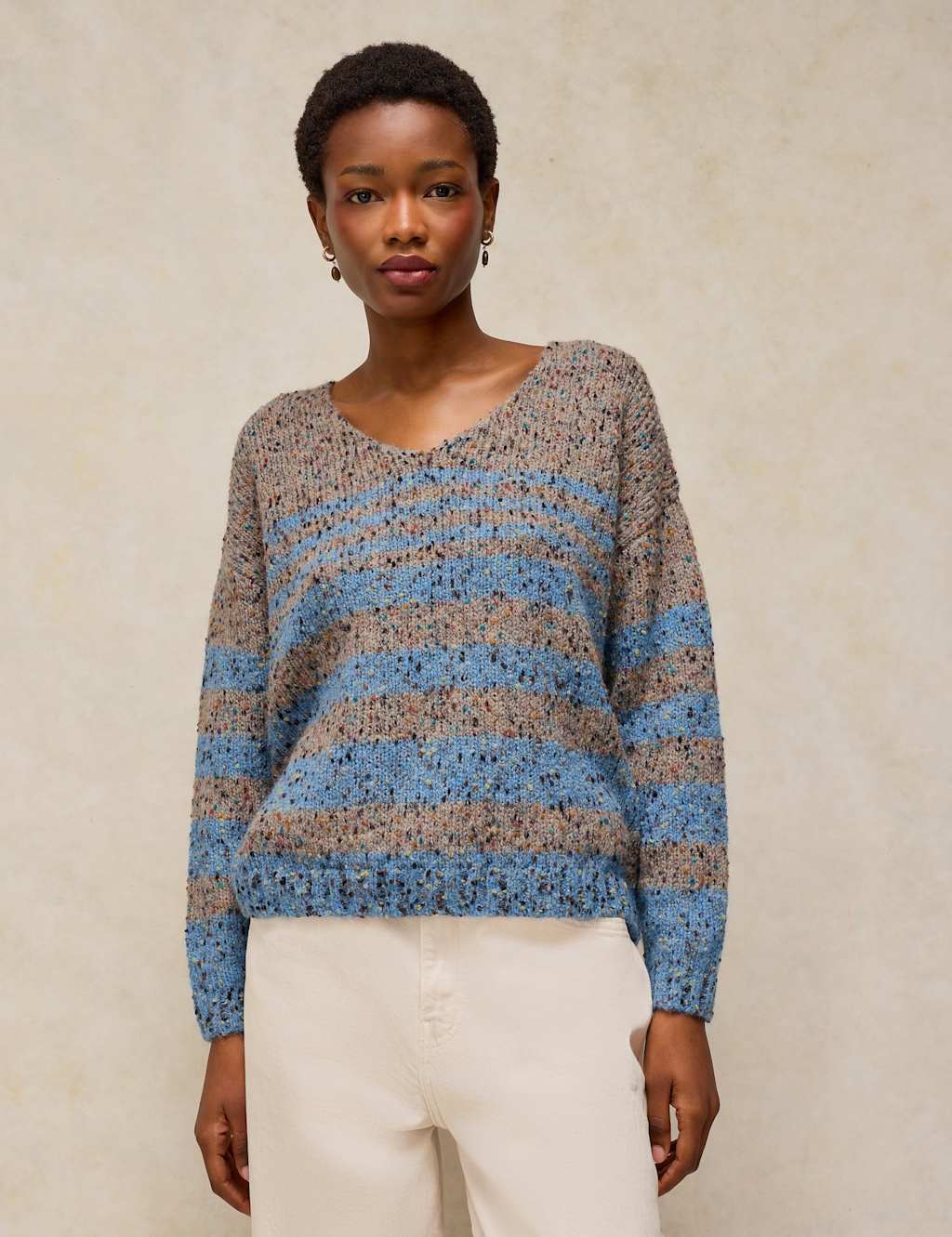 White Stuff Women's Textured Striped V-Neck Jumper with Wool - 8 - Brown Mix - Available at M&S