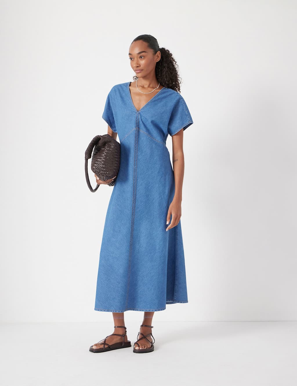 HUSH Denim V-Neck Midi Tea Dress Blue Denim