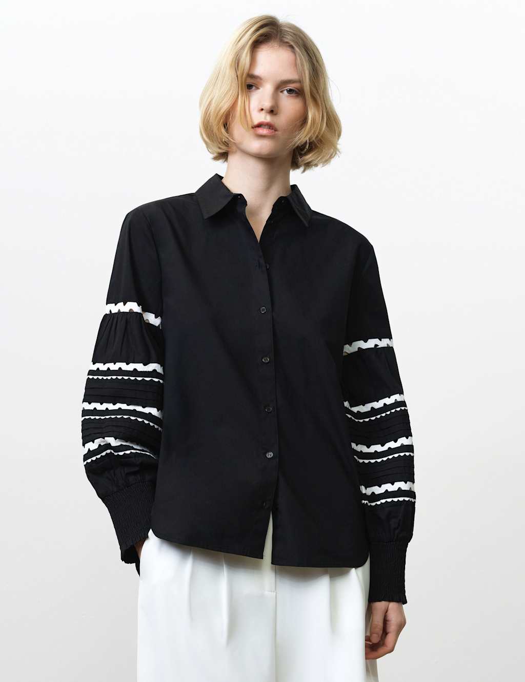French Connection Women's Pure Cotton Textured Shirt - Extra Small - Black Mix - Available at M&S