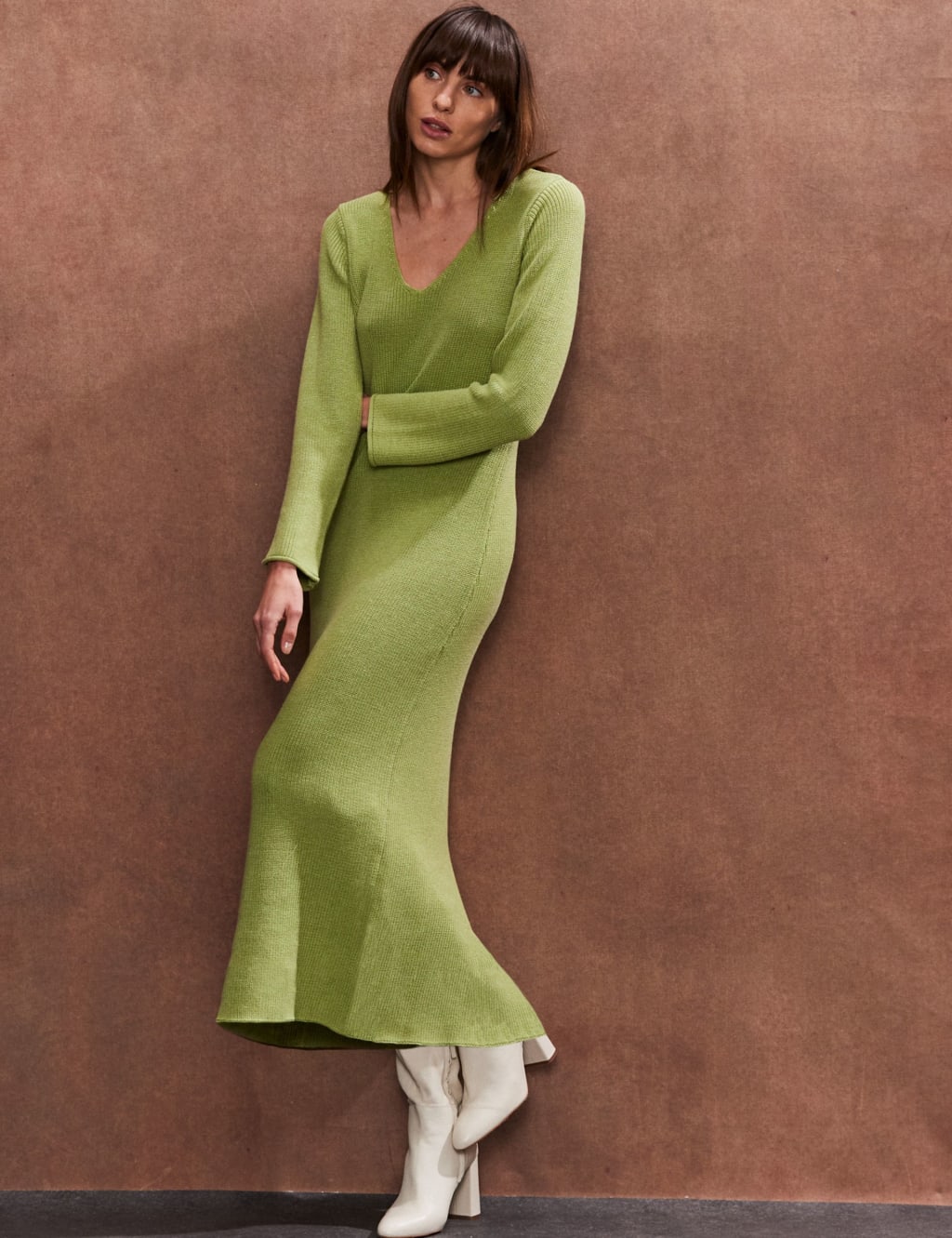 Cotton Rich Knitted V-Neck Midi Column Dress