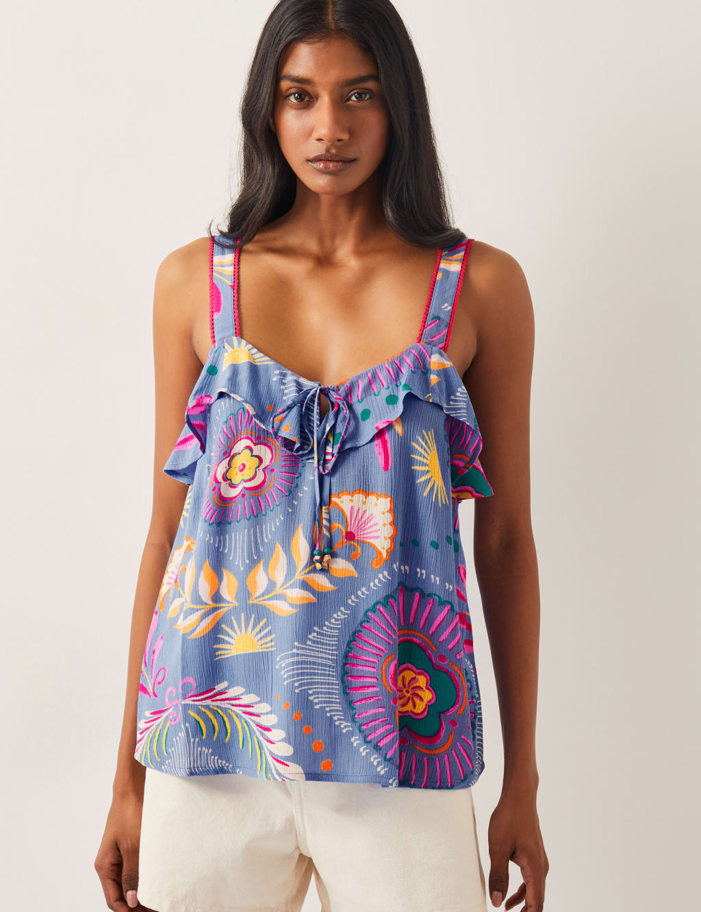 Floral Print Tie Front Frill Detail Cami Top