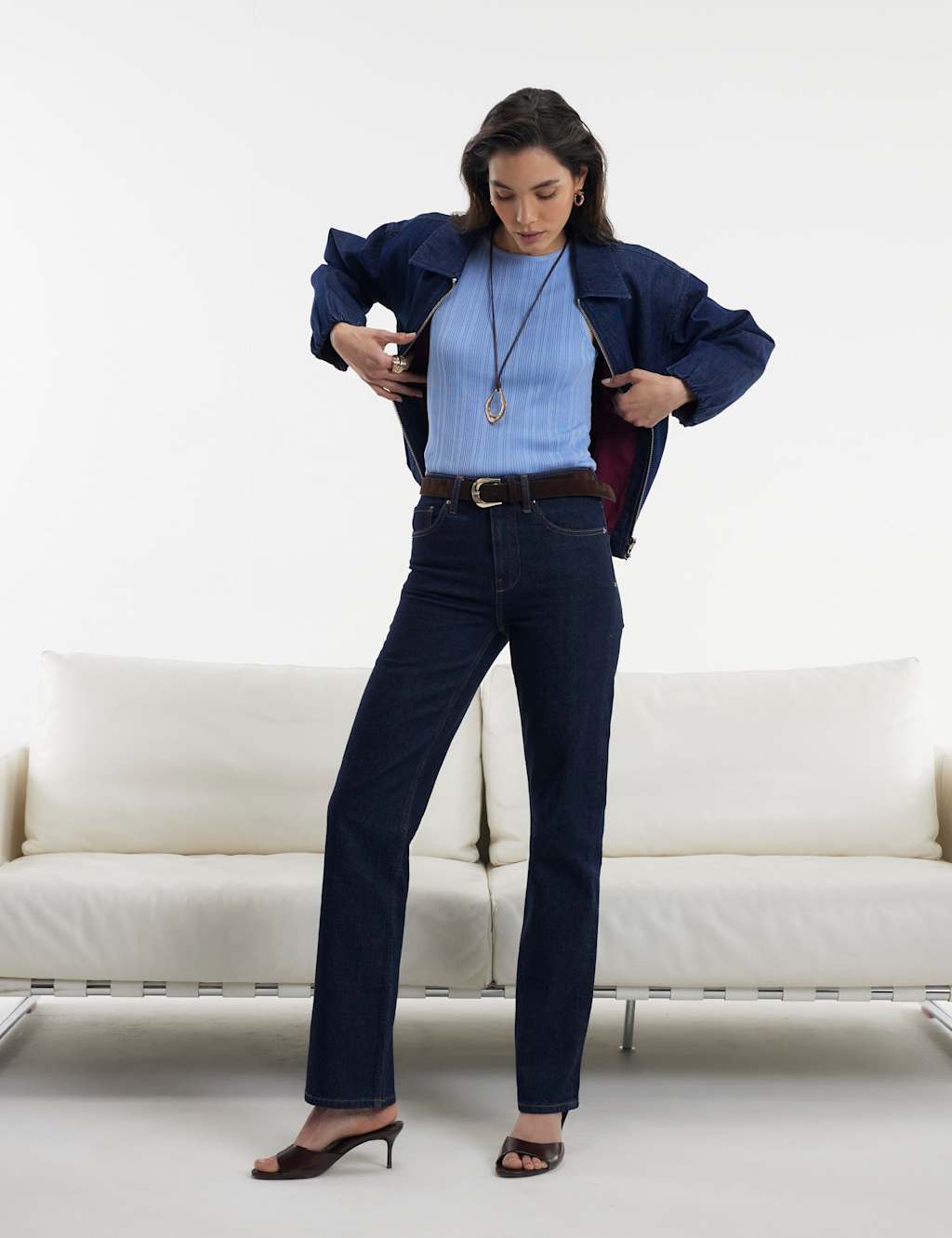 River Island Women's High Waisted Belted Straight Leg Jeans - 14 - Dark Blue Denim - Available at M&S