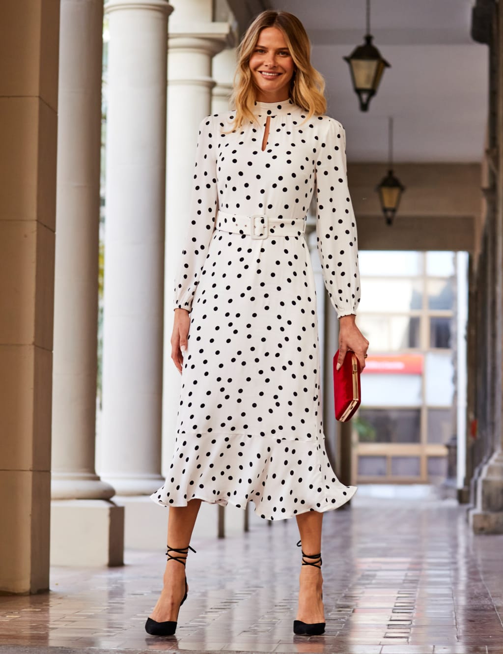 Polka Dot High Neck Belted Midi Skater Dress