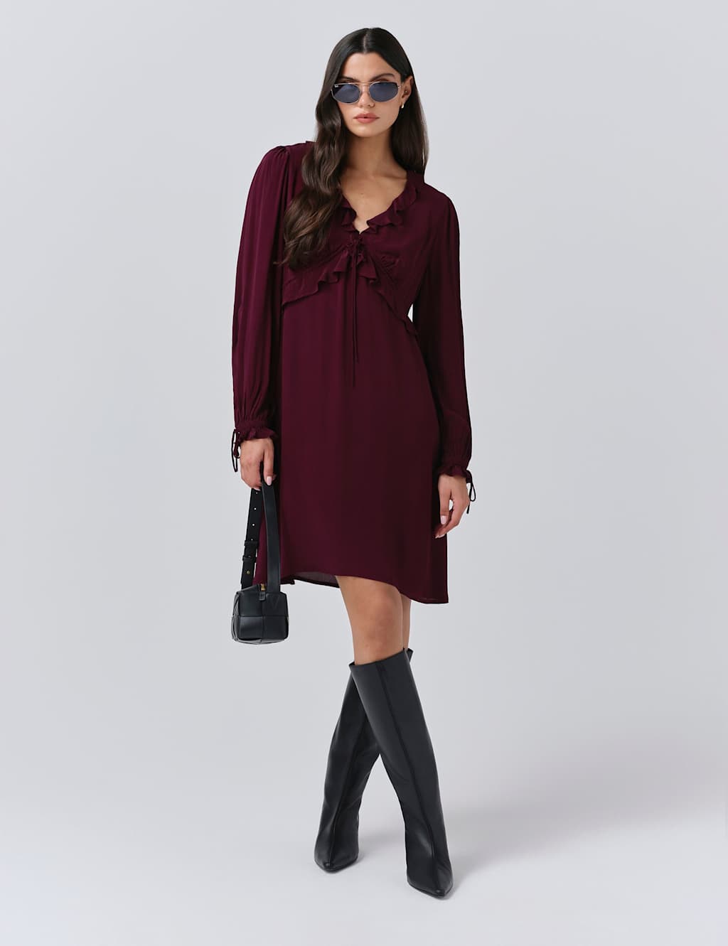 Ghost Crepe V-Neck Frill Detail Mini Dress Purple