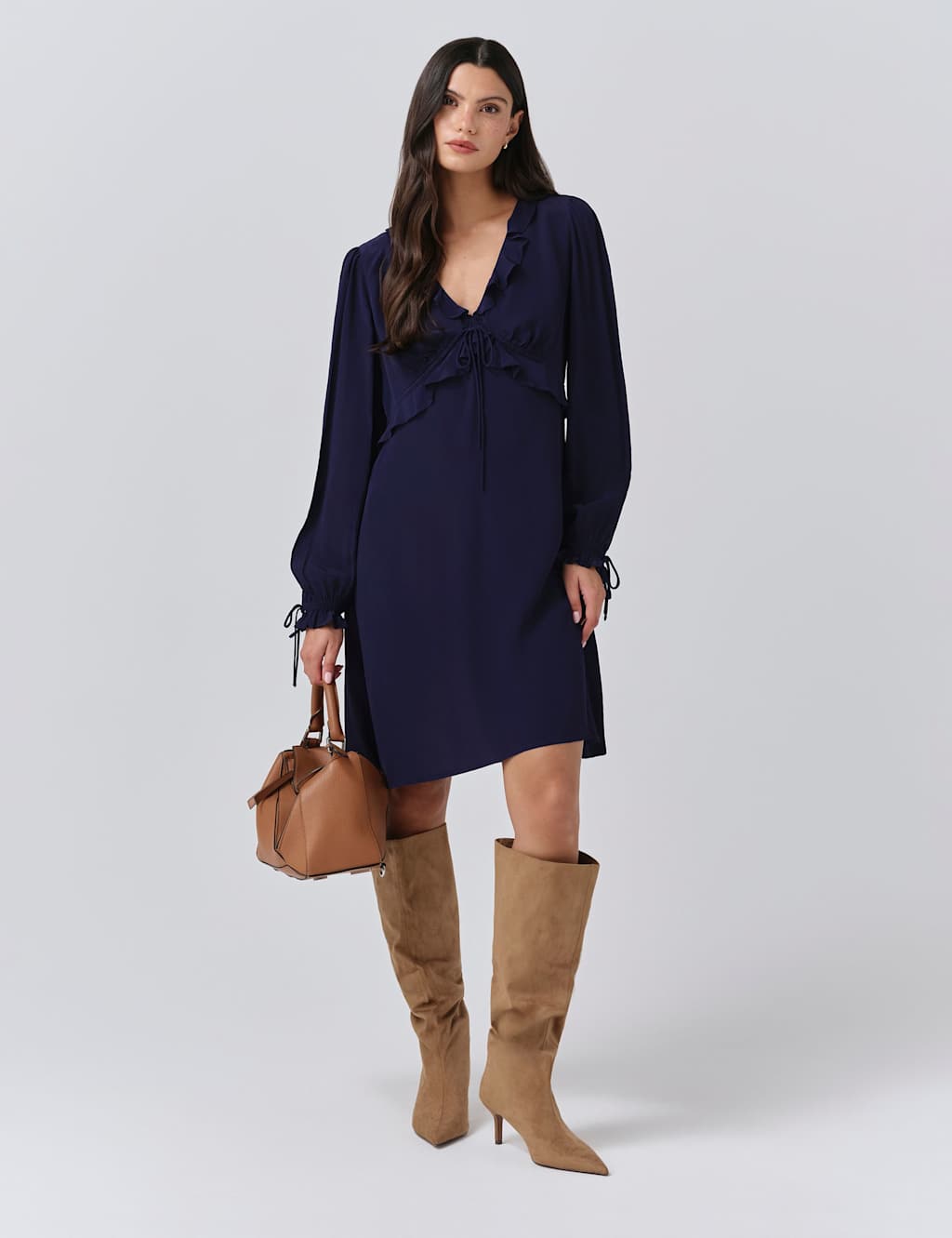 Ghost Crepe V-Neck Frill Detail Mini Dress Navy