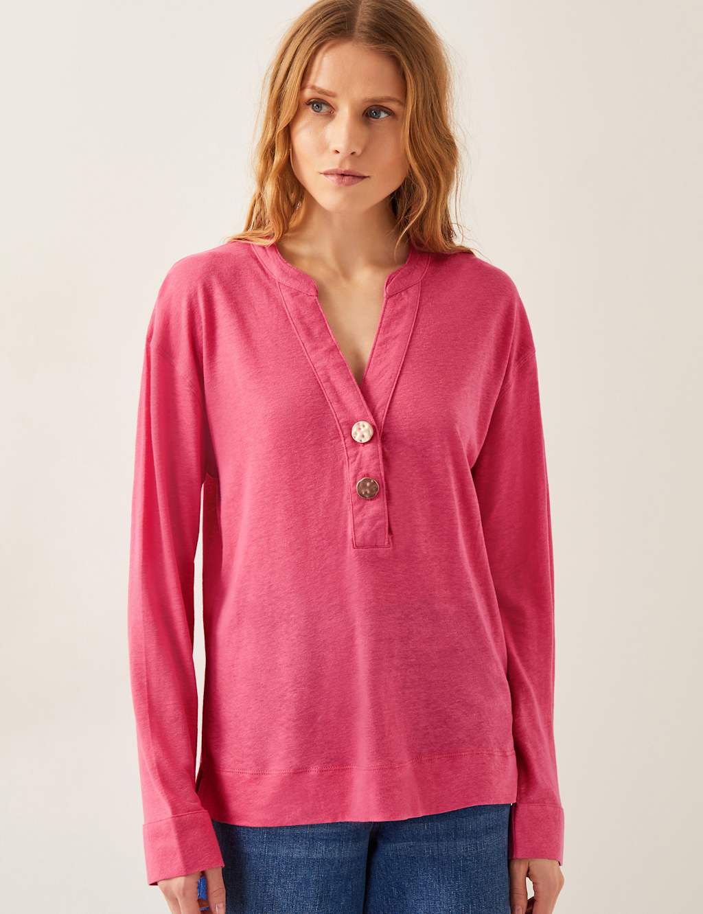 Linen Rich Button Detail Top