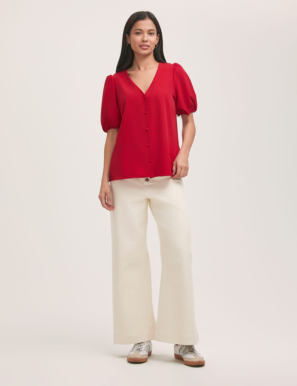 Crepe V-Neck Puff Sleeve Blouse