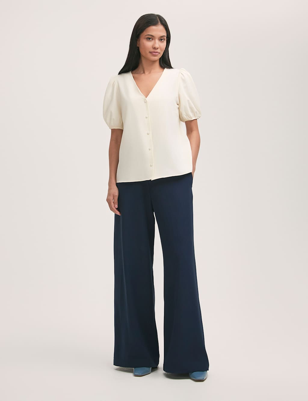 Crepe V-Neck Puff Sleeve Blouse