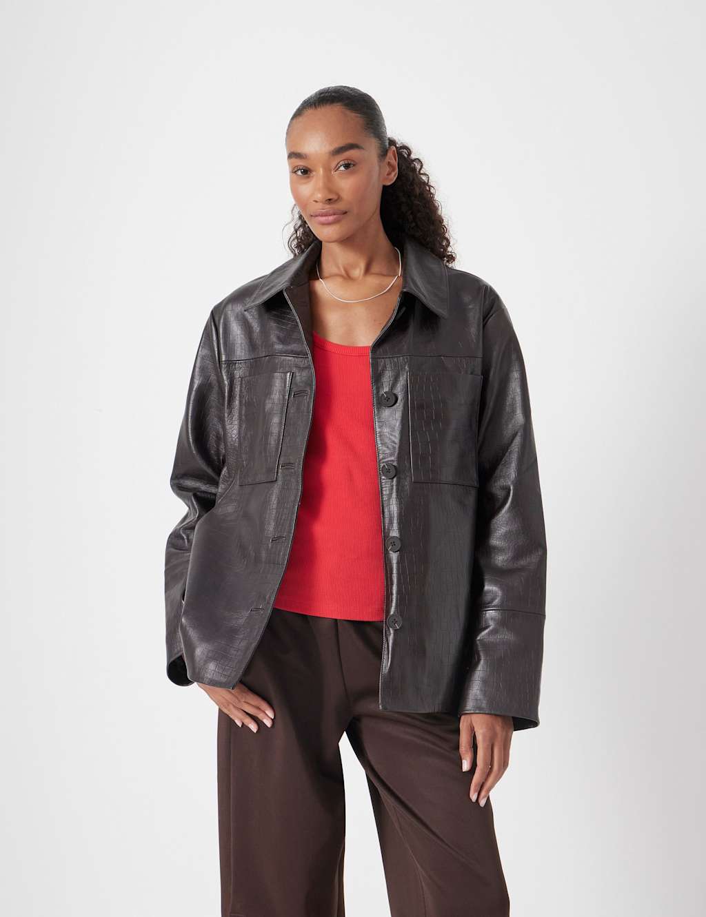 HUSH Leather Collared Utility Jacket Chocolate