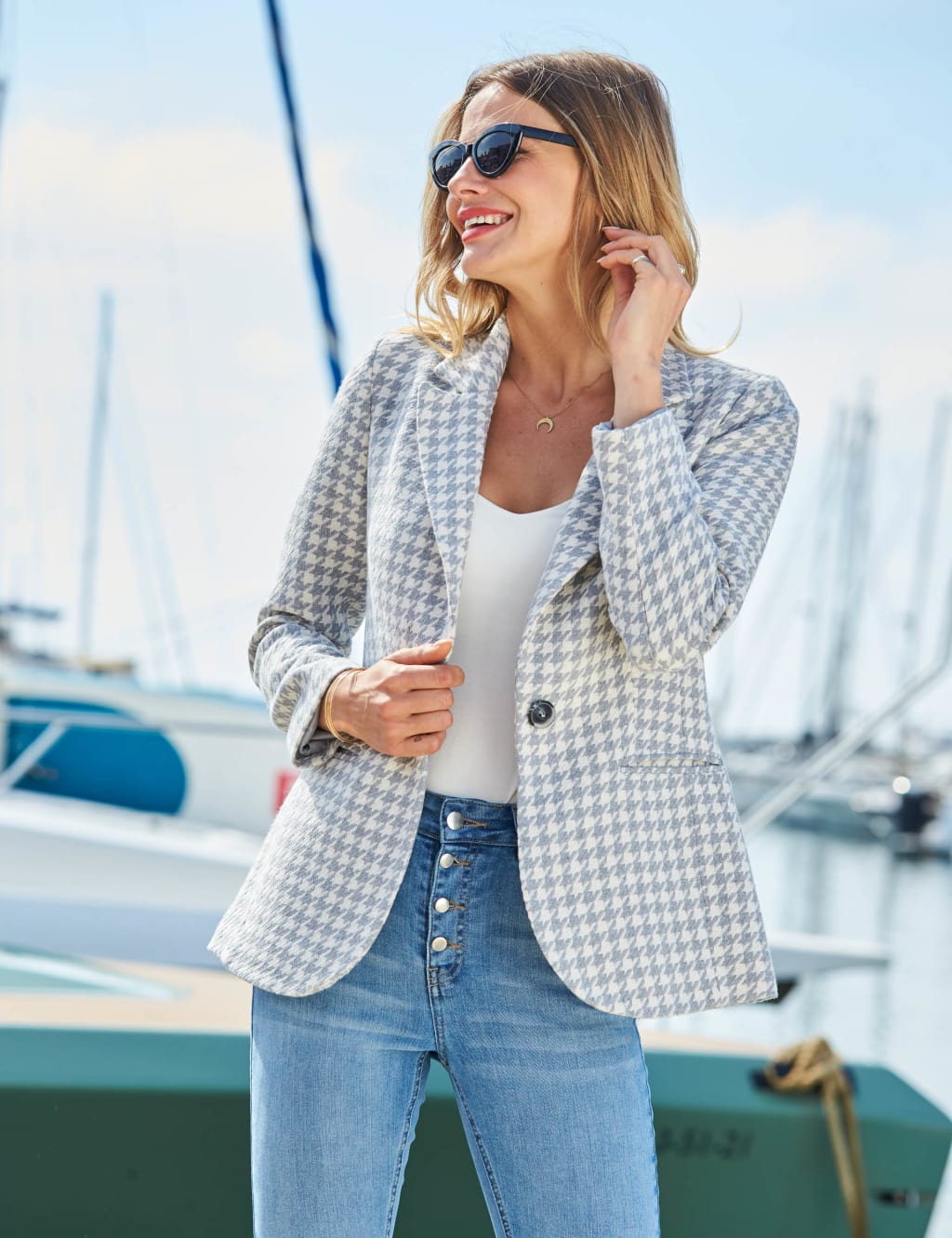 Cotton Blend Dogtooth Single Breasted Blazer
