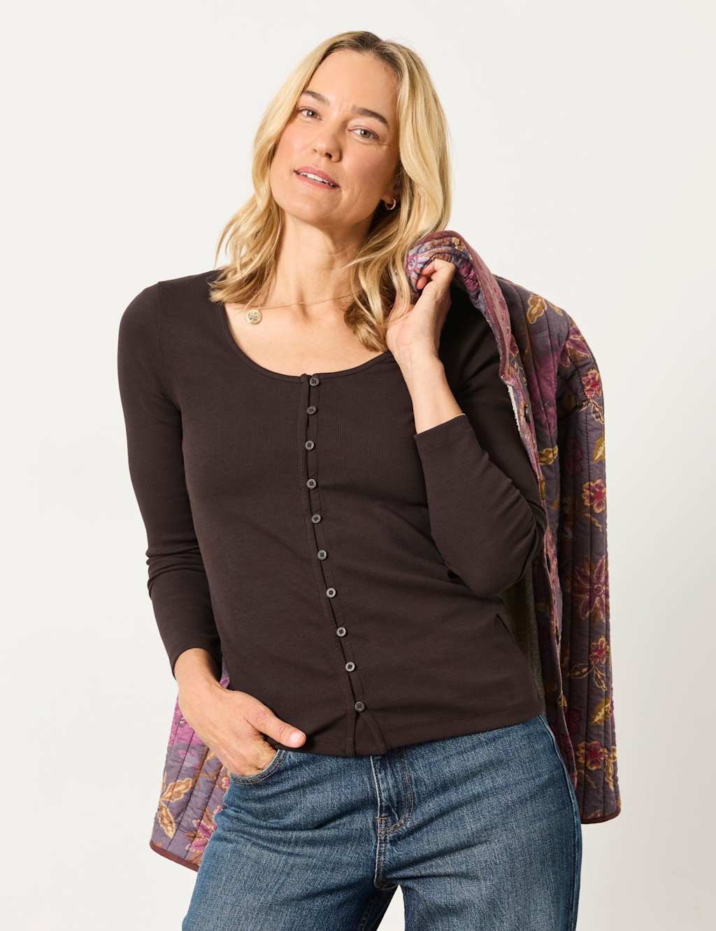 Fatface Women's Cotton Rich Ribbed Scoop Neck Top - 16 - Chocolate - Available at M&S