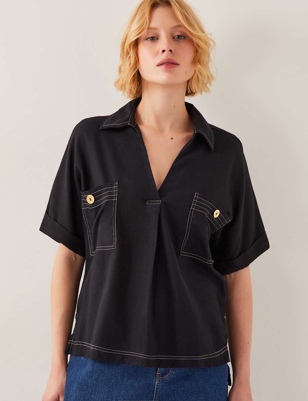 Cotton Rich Collared V-Neck Top