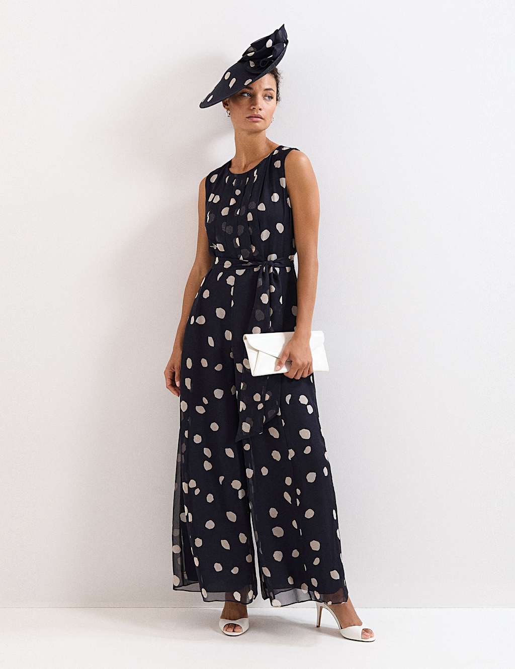 Phase Eight Women's Chiffon Polka Dot Belted Wide Leg Jumpsuit - 10 - Navy Mix - Available at M&S
