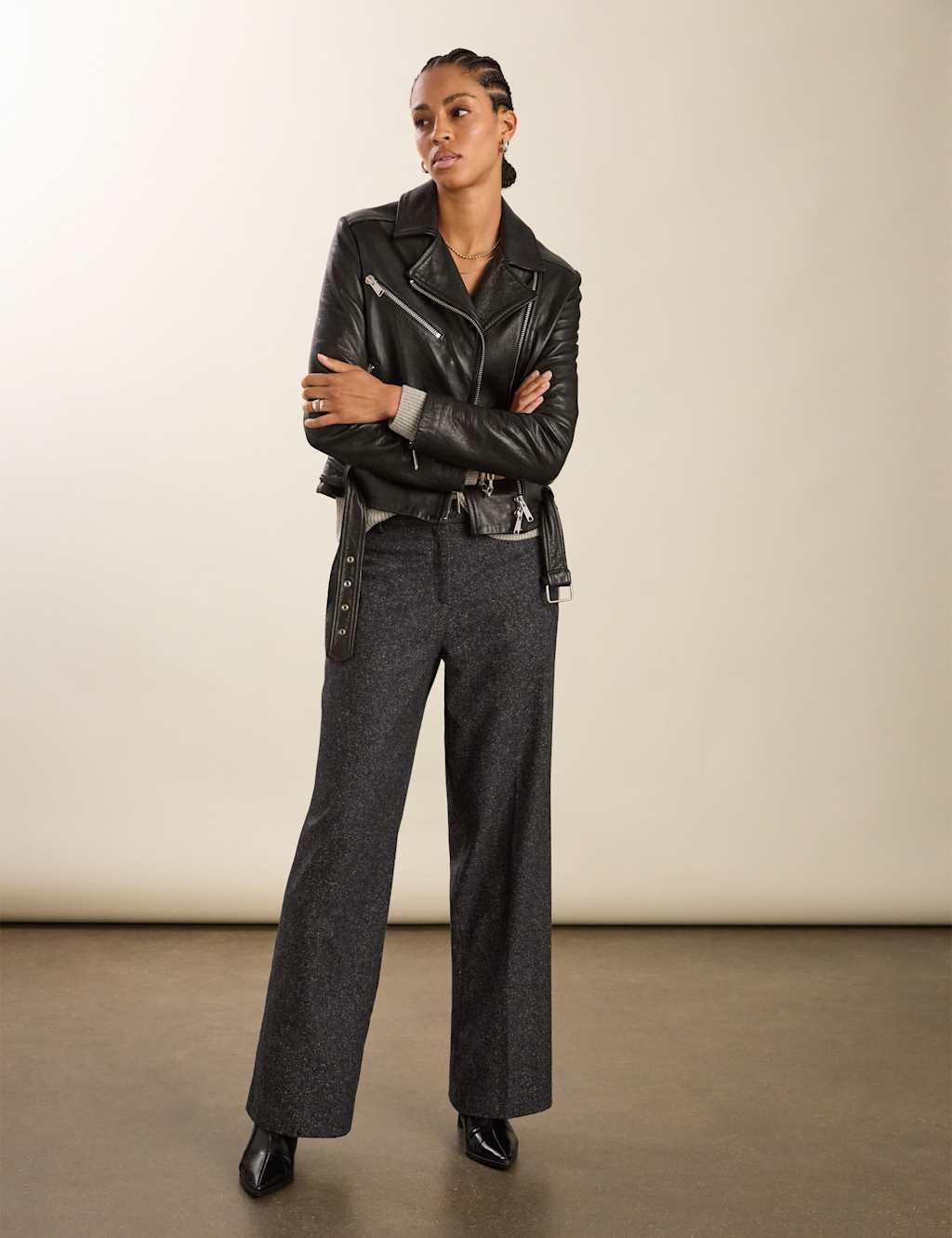 BAUKJEN Wool Blend Checked Wide Leg Trousers Grey