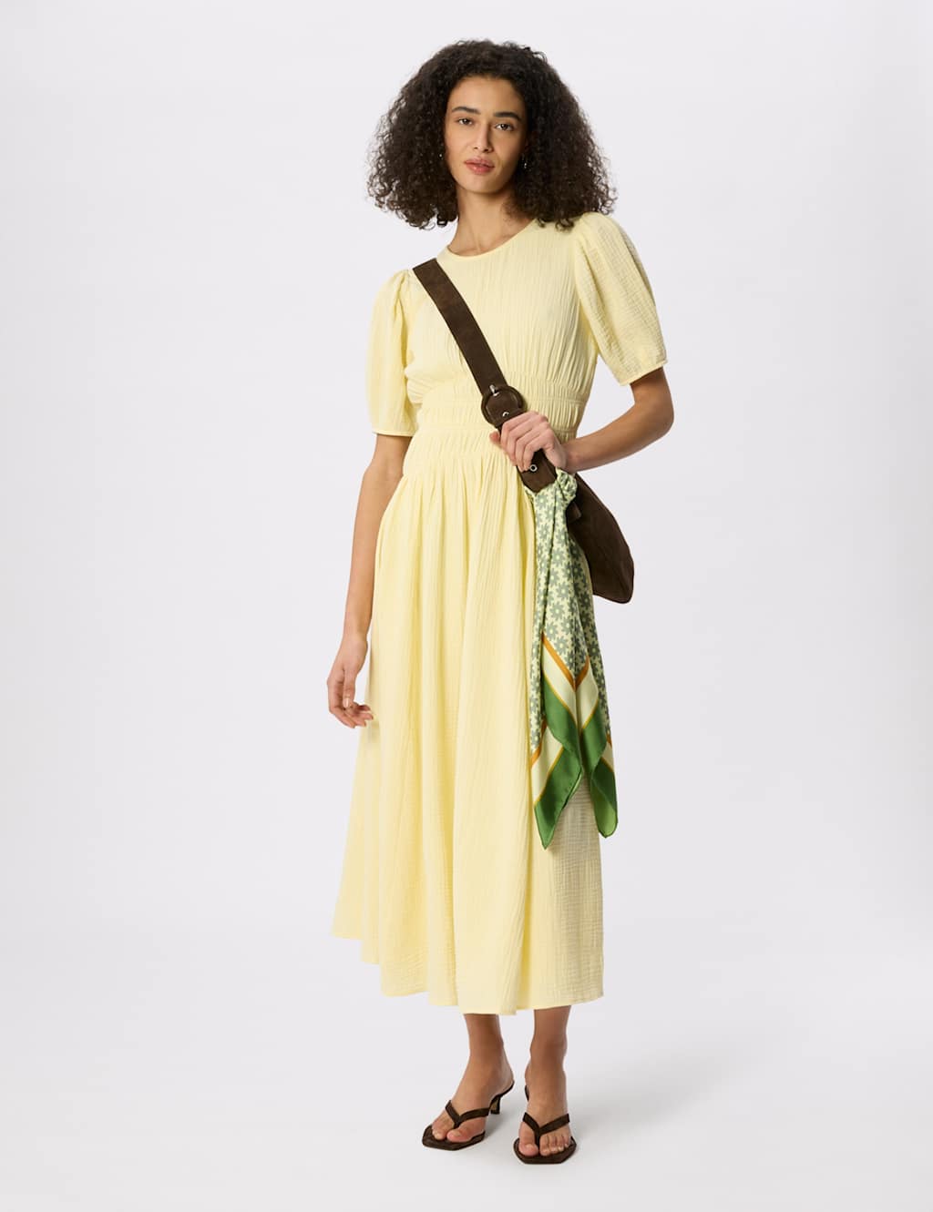 Whistles Women's Pure Cotton Textured Gathered Midi Dress - 8 - Yellow - Available at M&S