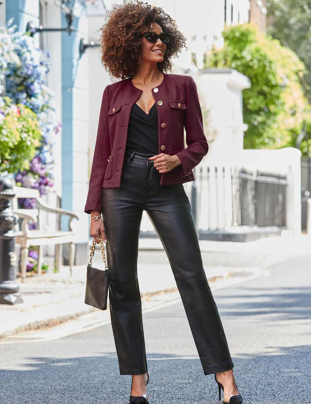 SOSANDAR Boucle Textured Collarless Jacket Burgundy