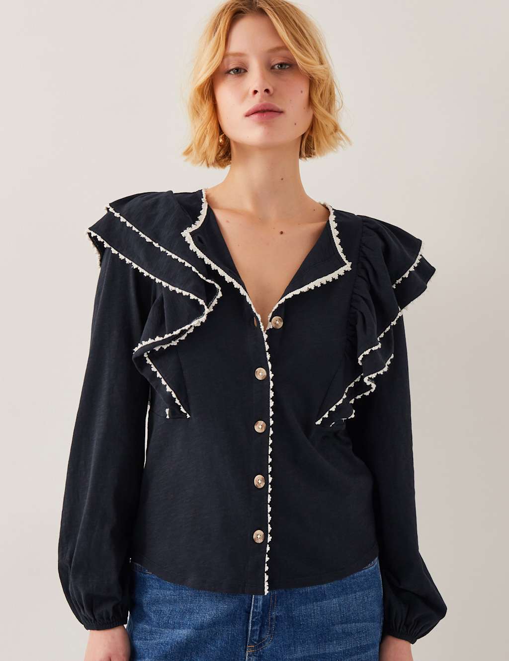 Pure Cotton Frill Detail Button Through Blouse