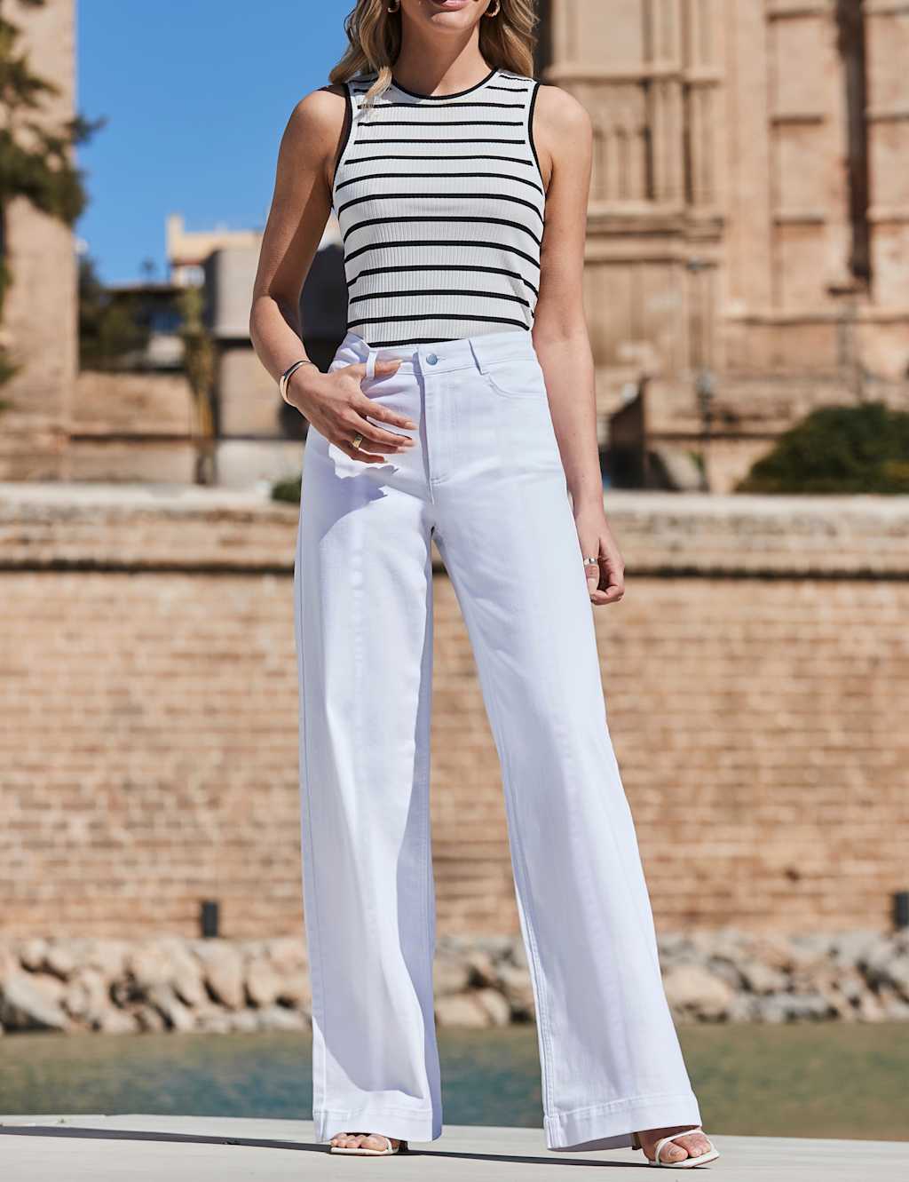 Sosandar Women's Pintuck Detail Wide Leg Jeans - 14 - White - Available at M&S