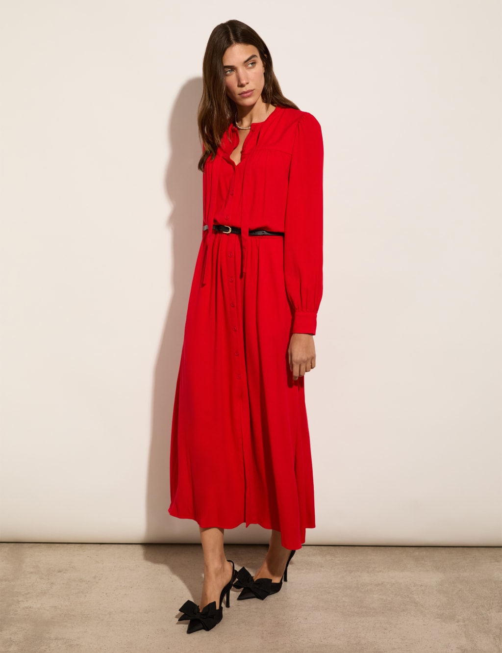 Tie Neck Relaxed Midi Shirt Dress