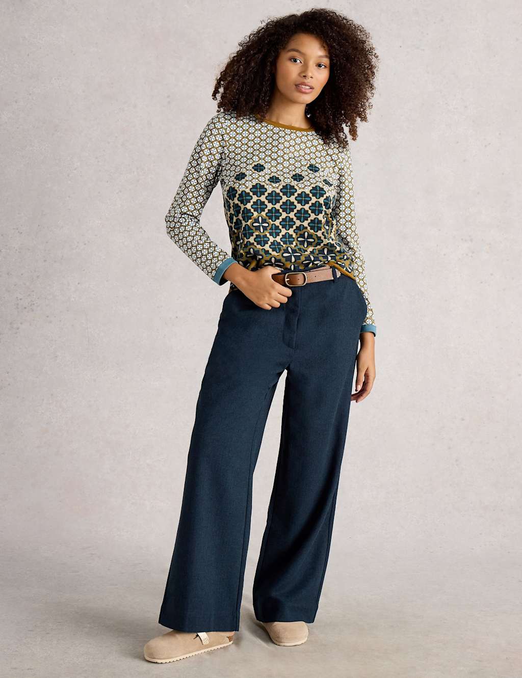 White Stuff Herringbone Wide Leg Trousers with Wool Navy Mix