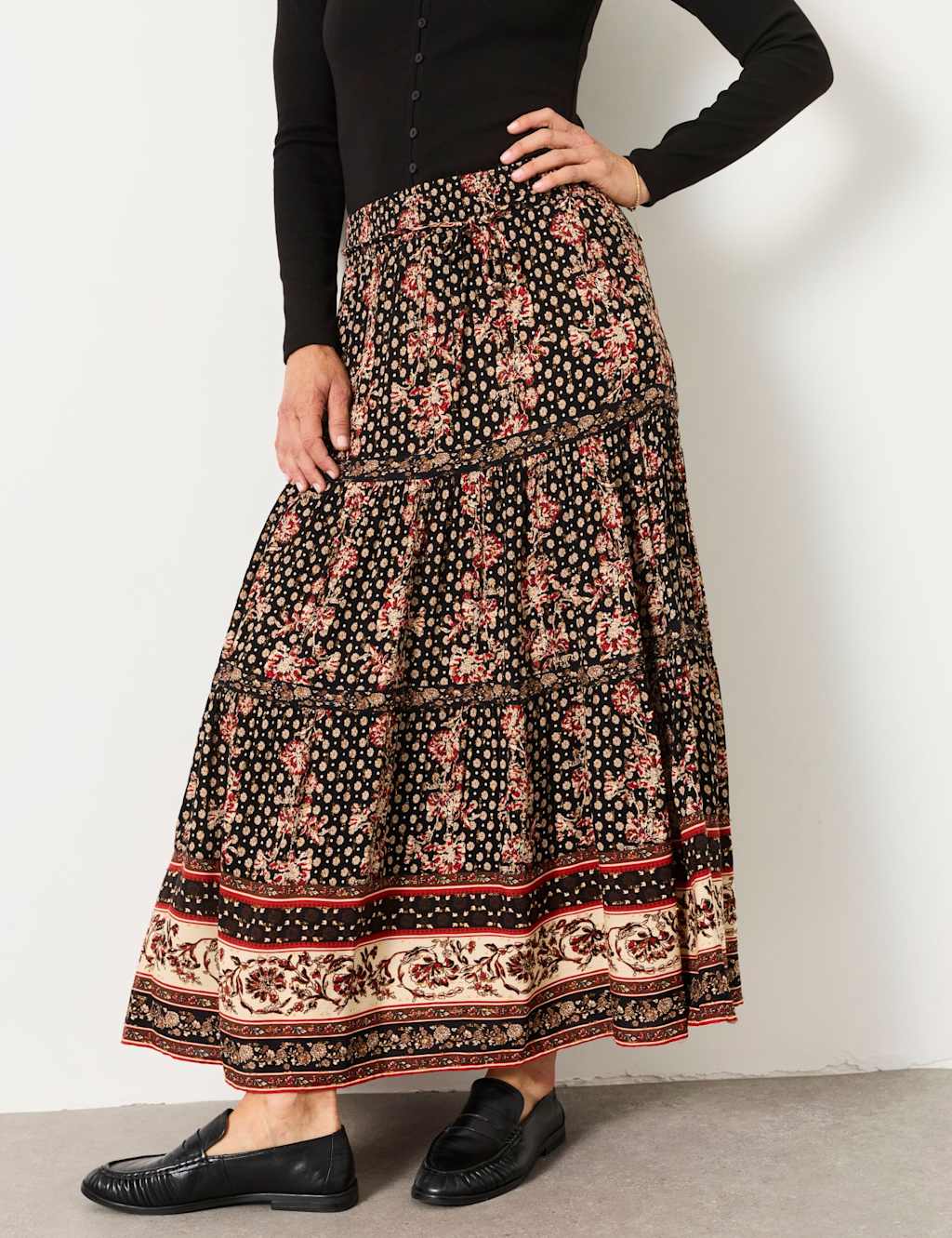 Fatface Women's Printed Maxi Tiered Skirt - 10 - Black Mix - Available at M&S