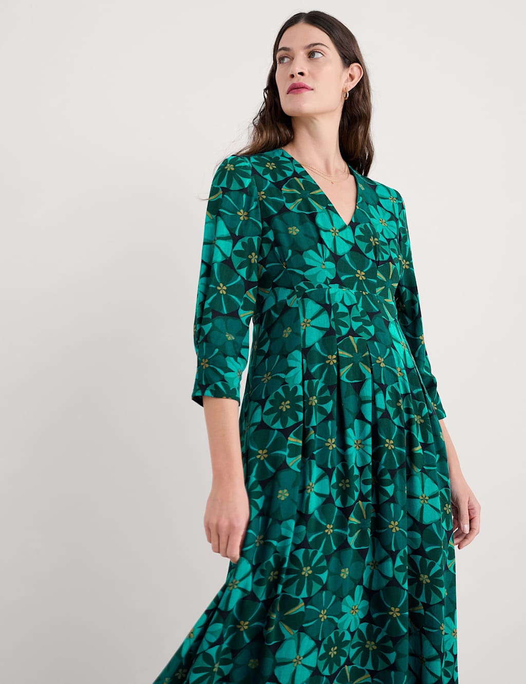 Seasalt Cornwall Floral V-Neck Midaxi Waisted Dress Teal Mix