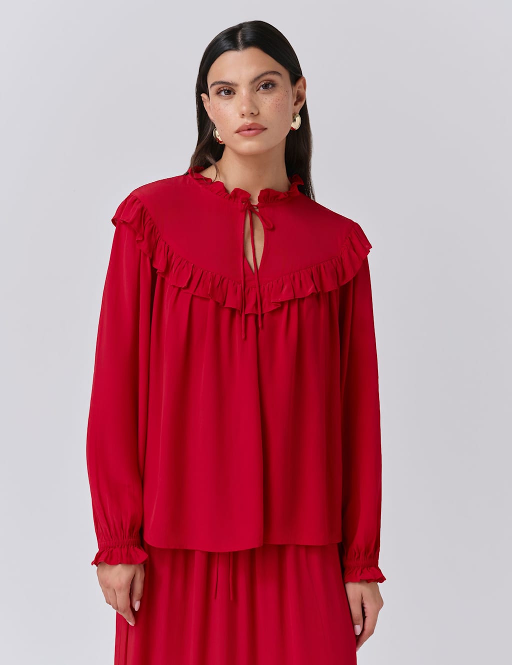 Ghost Crepe Tie Neck Ruffle Blouson Sleeve Blouse Red