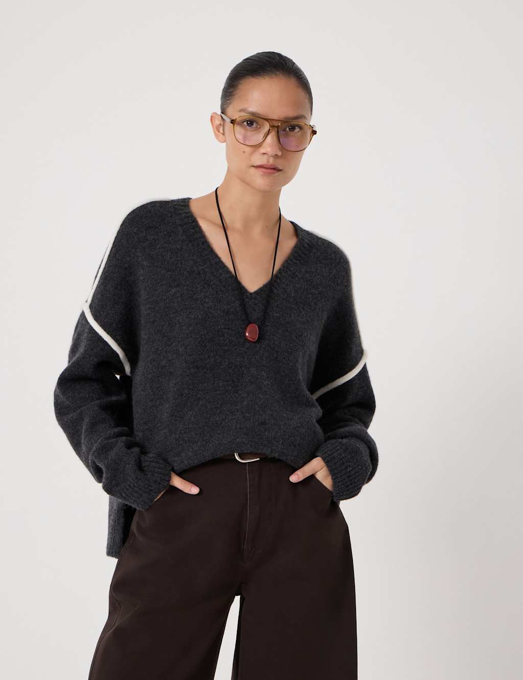 Hush Women's Wool Blend V-Neck Jumper - Small-Medium - Charcoal Mix - Available at M&S