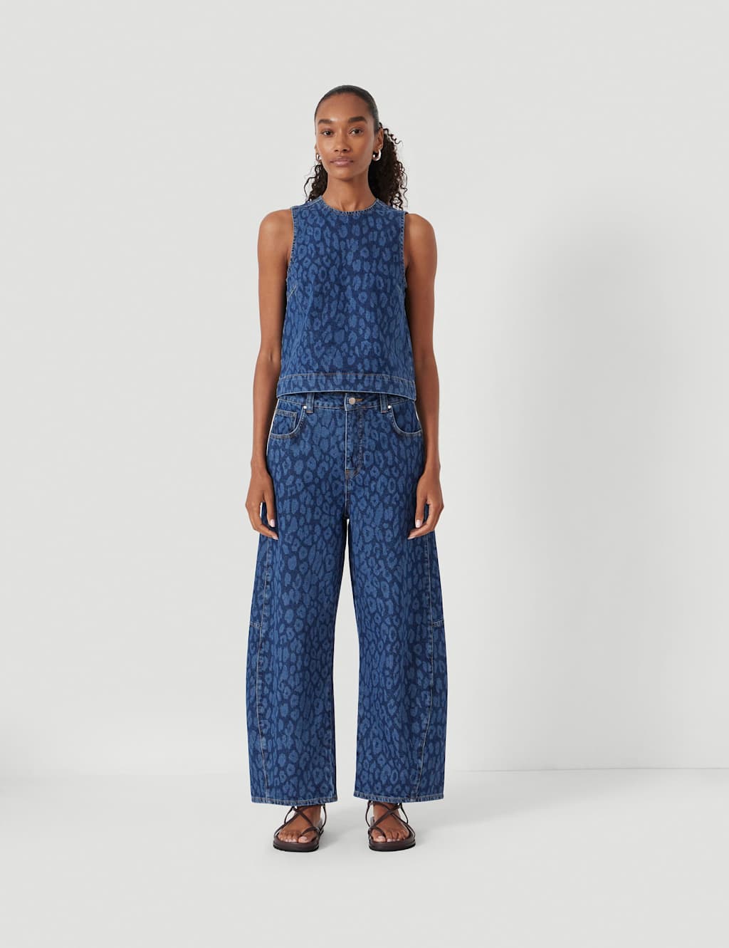 HUSH Leopard Print Mid Rise Barrel Leg Jeans Blue Mix