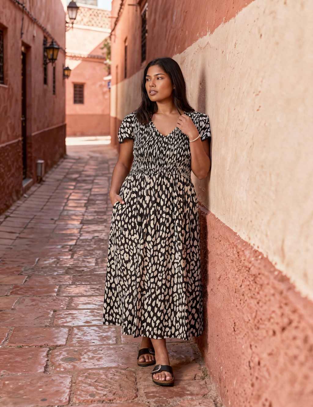 Live Unlimited London Women's Pure Cotton Animal Print Shirred Midi Dress - 24 - Black Mix - Available at M&S