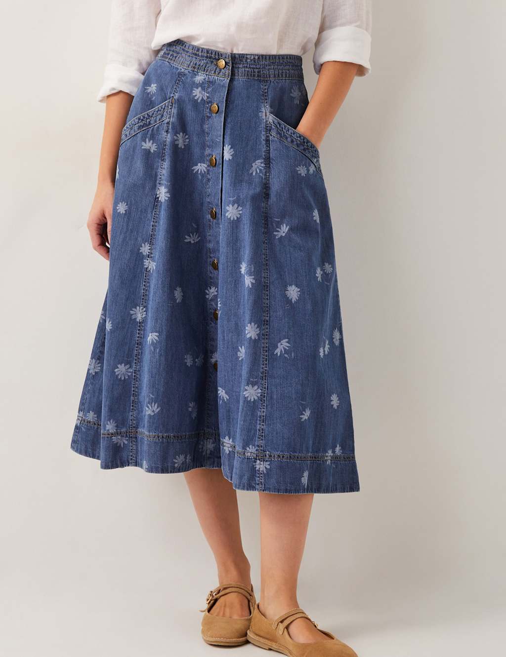 Denim Printed Midi Skirt