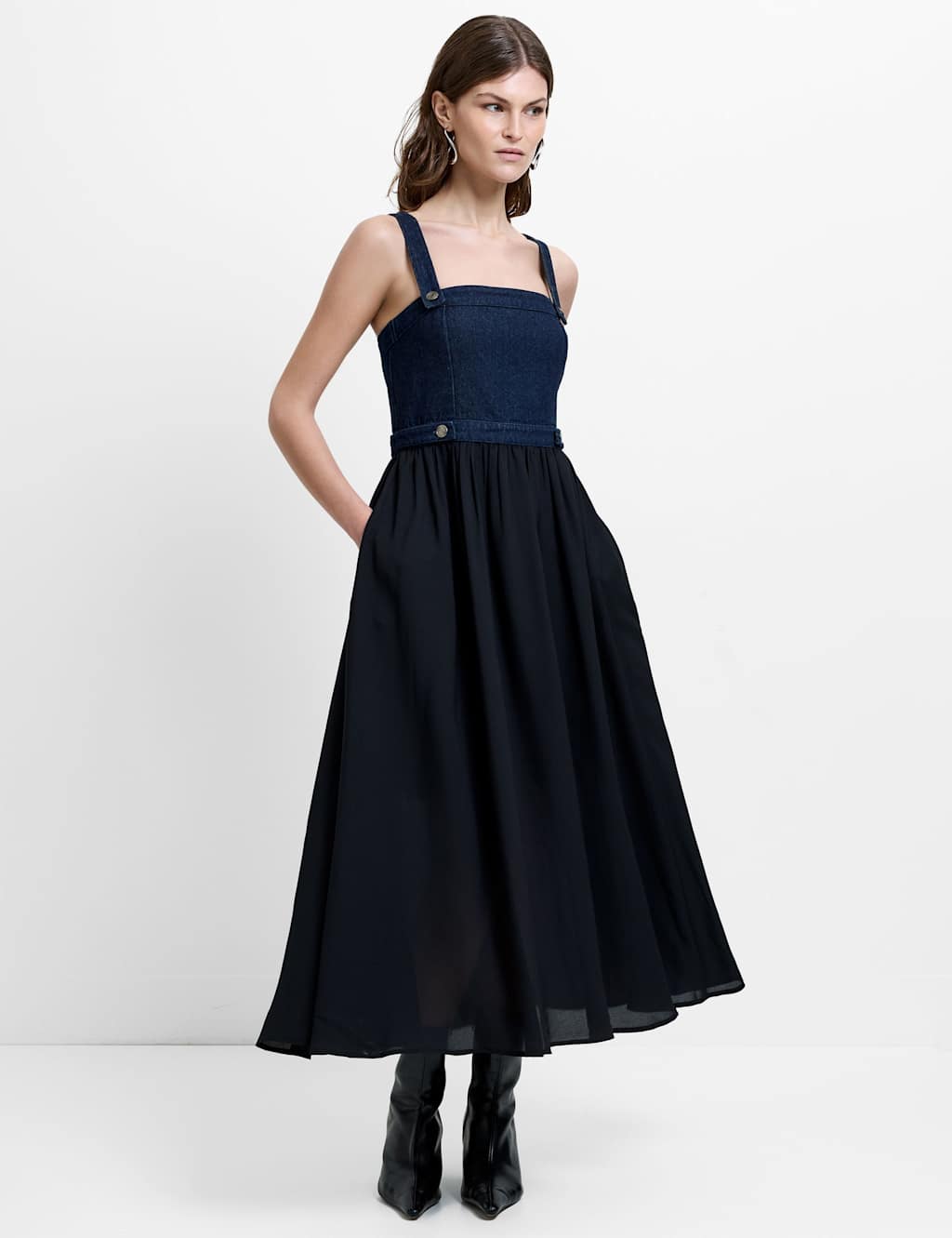 French Connection Women's Denim Square Neck Strappy Midi Skater Dress - 16 - Black - Available at M&S