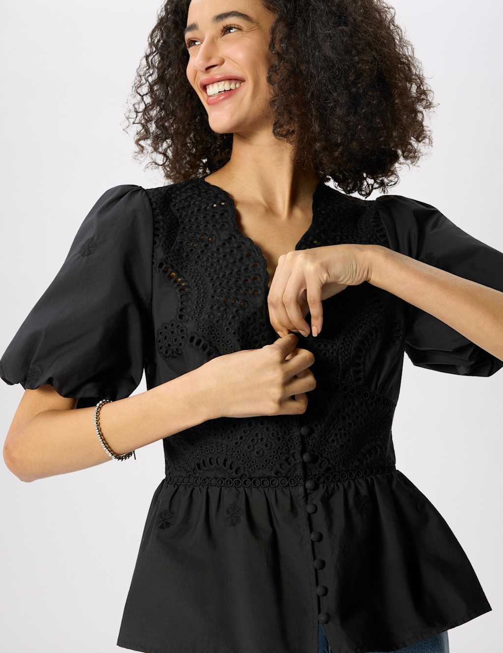Whistles Women's Pure Cotton Broderie V-Neck Blouse - 10 - Black - Available at M&S
