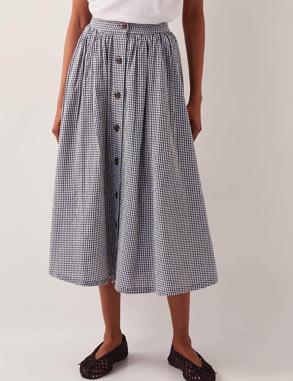 Pure Cotton Gingham Button Through Midi Skirt