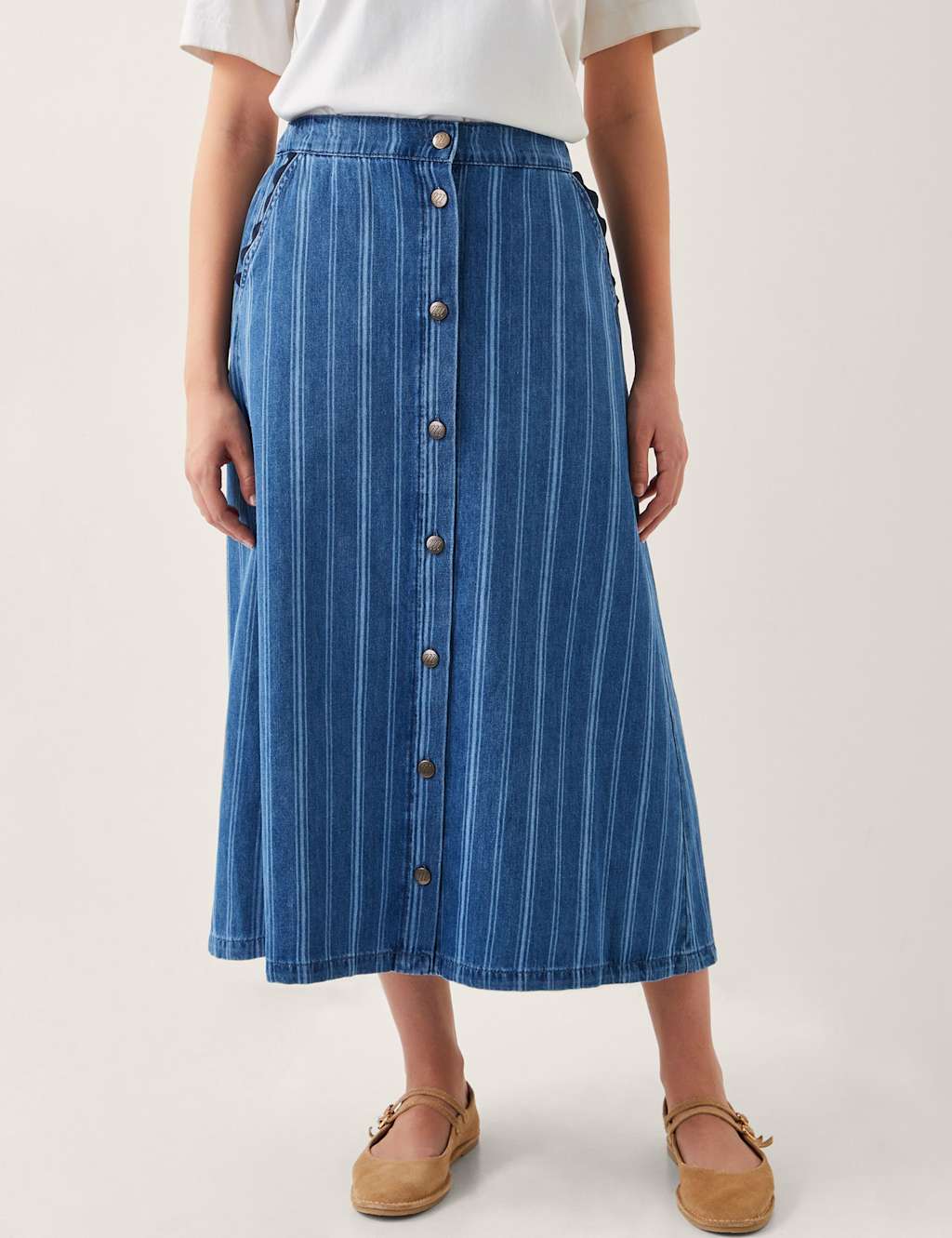 Denim Striped Midi Skirt