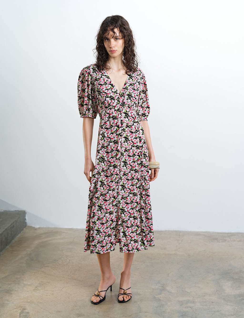 French Connection Women's Floral V-Neck Puff Sleeve Midi Tea Dress - 10 - Multi - Available at M&S